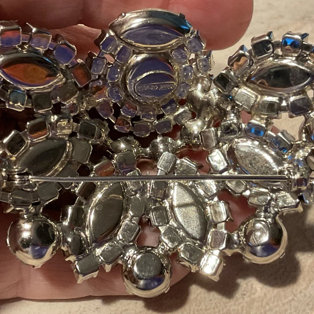 Garne  Rhinestone Brooch silvertone signed 3” across vintage